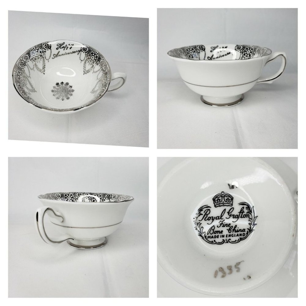 Royal Grafton Fine Bone China England Happy Anniversary White Silver Tea Cup 5